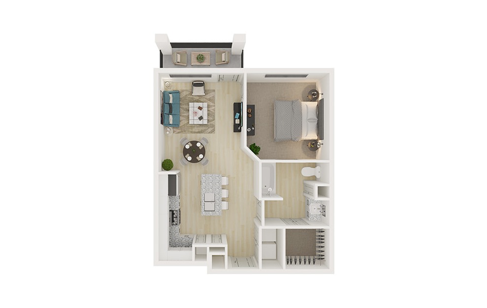 A2 S - 1 bedroom floorplan layout with 1 bath and 708 square feet. (3D)