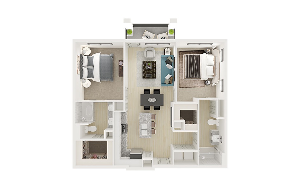 B1 - 2 bedroom floorplan layout with 2 baths and 1086 square feet. (3D)