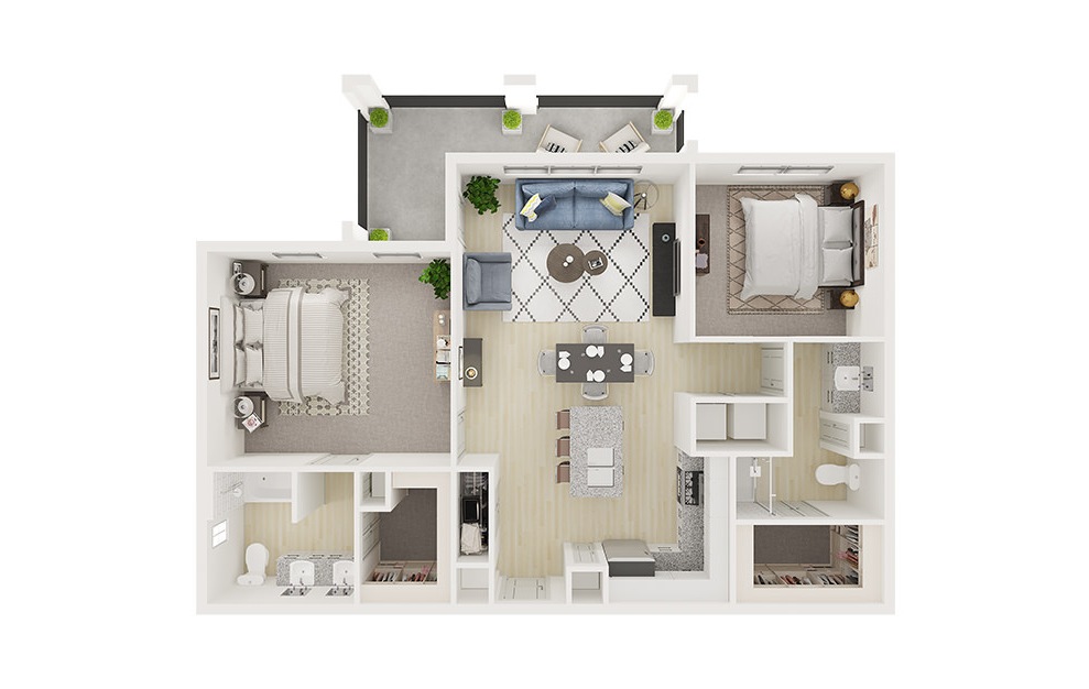 B2.1 - 2 bedroom floorplan layout with 2 baths and 1188 square feet. (3D)