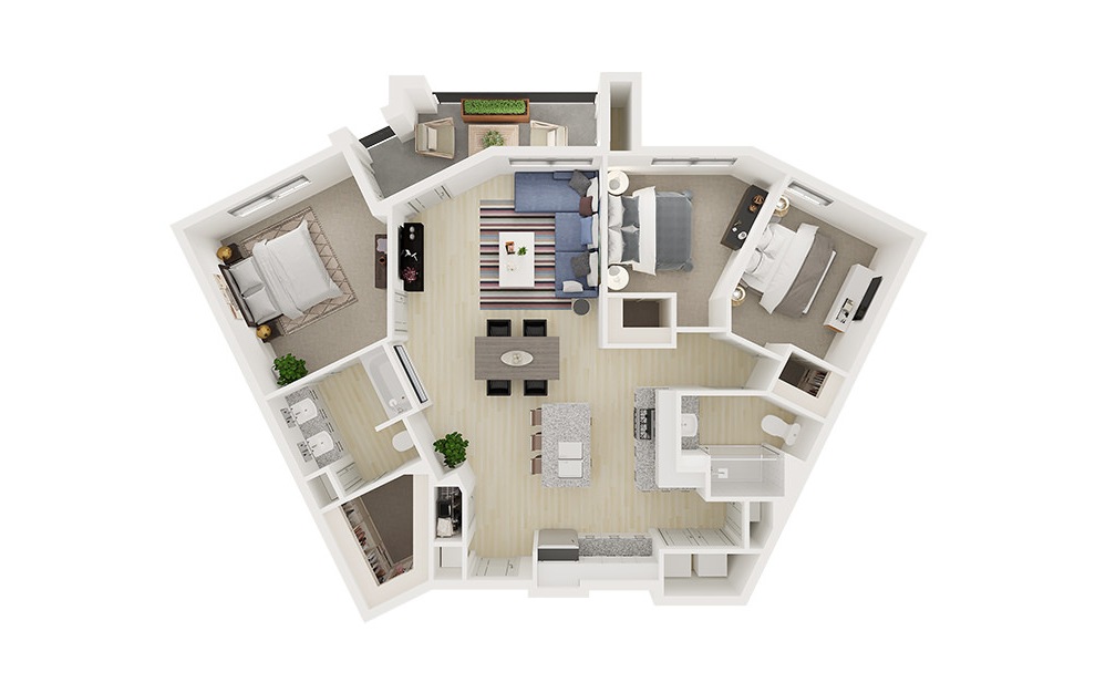 C1 - 3 bedroom floorplan layout with 2 baths and 1261 square feet. (3D)
