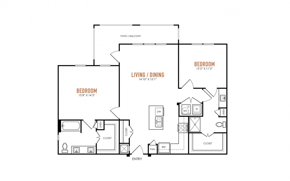 B2.1 - 2 bedroom floorplan layout with 2 baths and 1188 square feet. (2D)